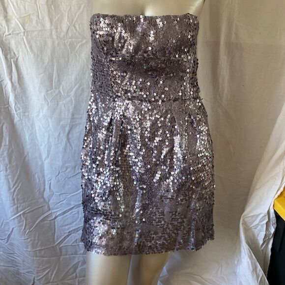 BCBGMAXAZRIA Silver Sequin Strapless Cocktail Party Dress Size 12 Glam Elegant - Picture 1 of 4